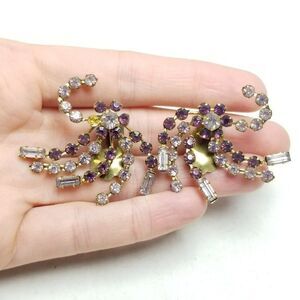 Vintage Purple Rhinestone Flower Spiral Clip On Earrings 60s Style Unique Design